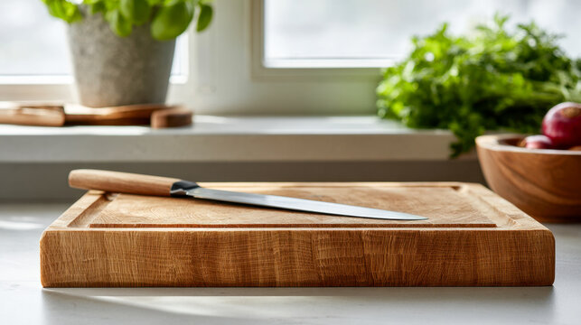 Wooden cutting board with a long kitchen knife on a bright kitchen countertop surrounded by fresh herbs and natural light from the window background