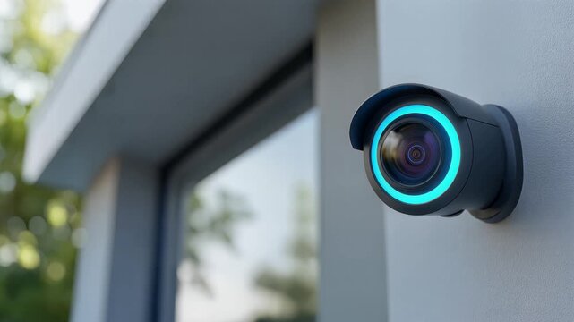 Security camera, glowing blue ring turning on and off, mounted on a wall, symbolizing surveillance and safety.