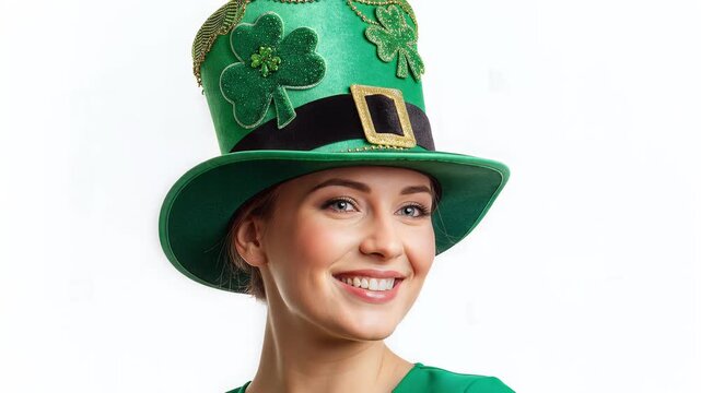 Smiling Woman in St. Patricks Day Hat Against White Background.