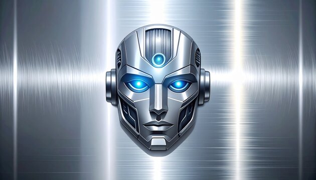 futuristic robot face with glowing blue eyes on metallic gradient background