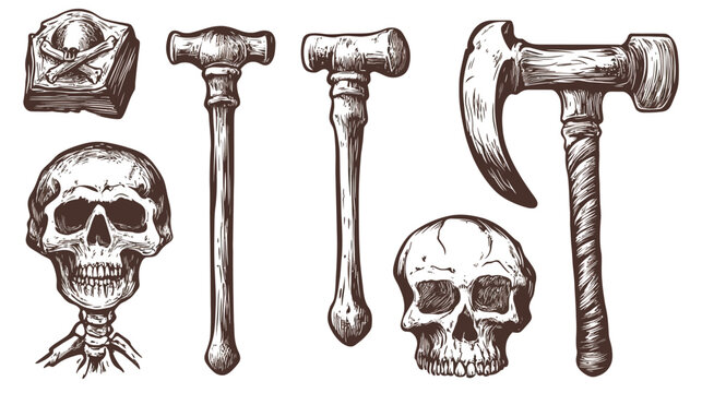 Artistic ink illustrations of skulls, a tombstone, and various hand tools, on white backdrop