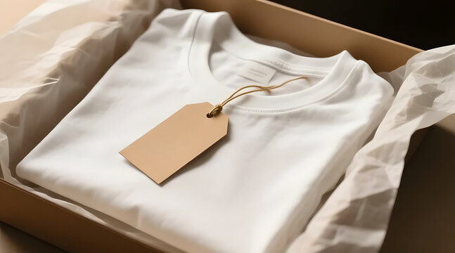 White t-shirt mockup in cardboard box with blank brown paper tag