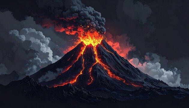 dramatic volcanic eruption with lava and ash cloud at dusk