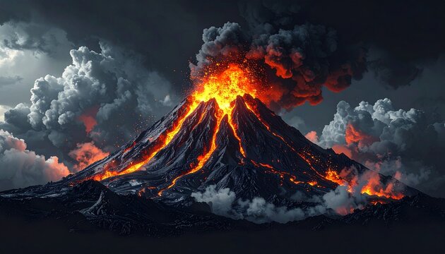 dramatic volcanic eruption with lava and ash cloud at night