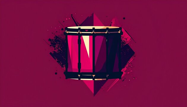 modern drum set icon in neon glow on dark maroon abstract background
