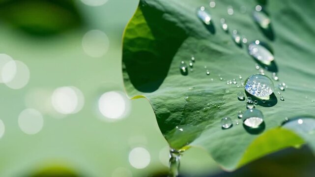Close up lotus leaf with water drops macro detail high key lighting left copy space