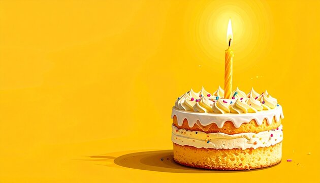 birthday cake with lit candle on warm yellow background minimal celebration