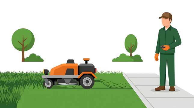 Man Inspecting Lawn Mower on Grassy Lawn.