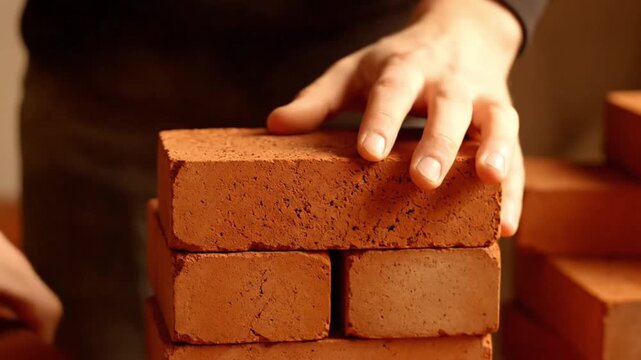 A close-up of a hand placing a brick onto a stack, symbolizing construction, effort, and building foundations with warm tones and detailed texture.