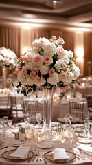 Fototapeta premium Elegant floral centerpiece arrangement at a wedding reception with soft lighting and festive decor for an intimate dining setup