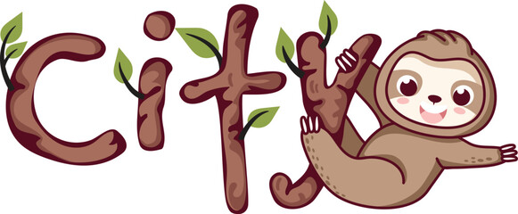Obraz premium Cute Sloth Character with City Text - Jungle Branch Typography and Friendly Animal Mascot