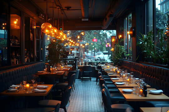 Cozy restaurant interior with warm lighting, elegant tables set for dinner, and urban street view outside for an intimate dining setup