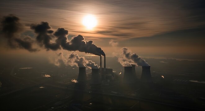 Industrial Landscape with Smokestacks at Sunset.
