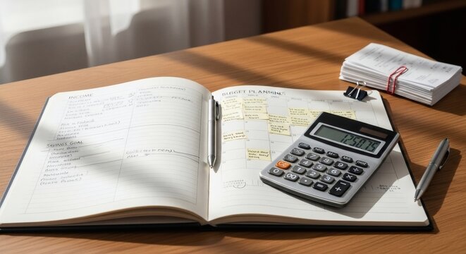 A meticulous desk setup showcases financial planning, featuring an open notebook, calculator, and neatly stacked documents bathed in soft natural light, perfect for business planning.