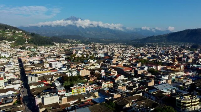 Otavalo, Ecuador: 5-1-2023: The city Otavalo, famous for the large markets that attracts many tourists 