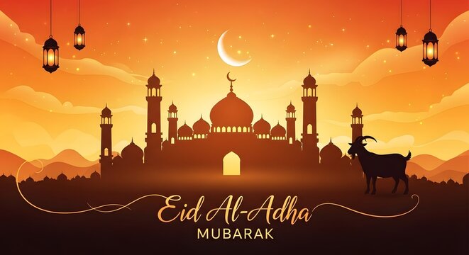 Eid al adha mubarak a beautiful mosque and crescent moon illustration
