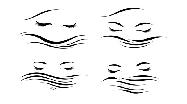 Four black and white illustrations featuring eyes with eyelashes and curved lines