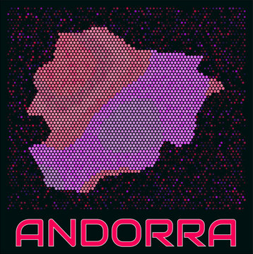 Andorra digital style hexagon map. Vibrant magenta purple pink neon dotted shape. Country tiny bright hexagon cells. Andorra honeycomb map design. Elegant Vector Illustration.