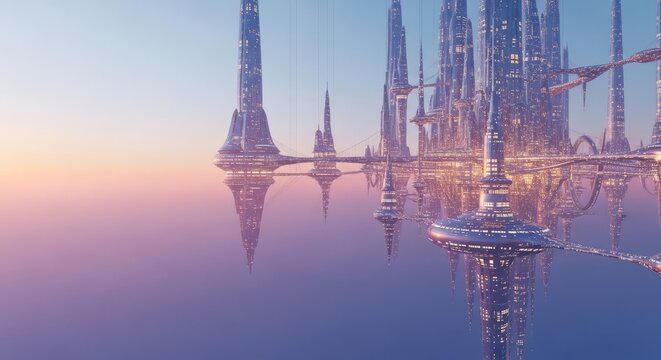 A futuristic aerial metropolis suspended in a hazy twilight sky, with warm illuminated windows piercing through soft pastel-colored mist, serene, skyscrapers, cityscape
