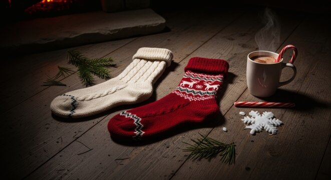 Cozy socks and hot drink creating a perfect moment of winter relaxation.
