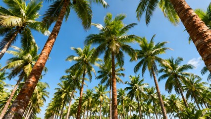 Fototapeta premium Photorealistic coconut plantation landscape, rows of tall coconut palm trees, tropical environment, natural sunlight, blue sky