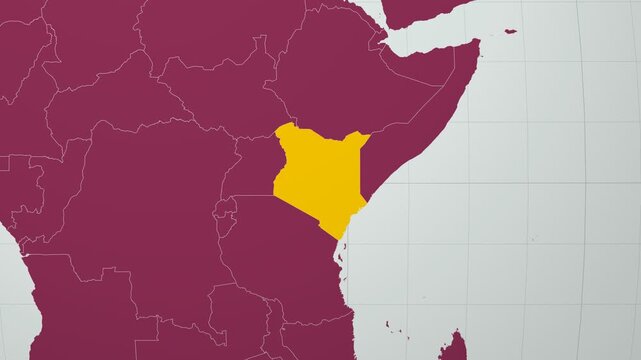 Kenya map. Animated zoom into the country on the Globe in Pale Mint Dark Pink color palette. Country logo animation with round text and airplanes. Map with meridians, parallels. Beautiful video.