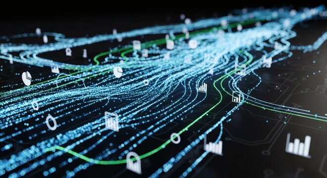 Data stream visualization, depicting the interconnectedness of information flow. Futuristic data pathways, rendered in a striking array of glowing neon hues.