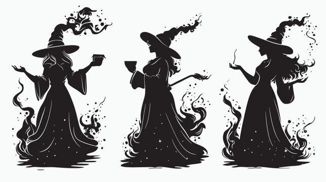 Black silhouettes of three witches wearing hats, with flowing gowns, and magic around them