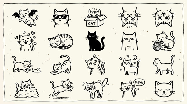 Set of cute hand drawn cat doodles and expressions.