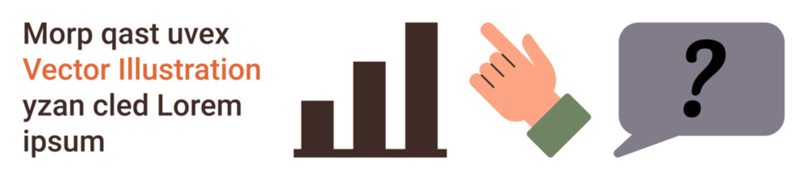Business strategy, decision-making, data analysis, communication, growth trends, questions. Bar chart with upward trend, pointing finger speech bubble with question mark. Business strategy