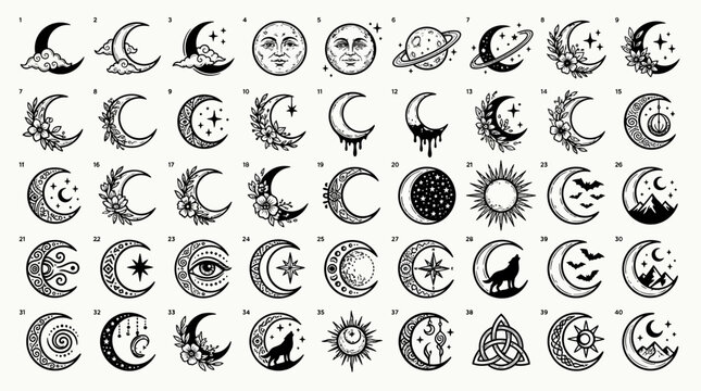 Set of decorative moon and celestial symbols for tattoo designs.