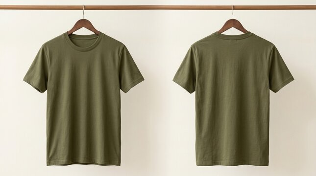 Blank olive green short-sleeve crew neck t-shirt mockup featuring distinct front and back views for apparel design concept presentation