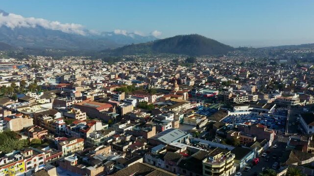 Otavalo, Ecuador: 5-1-2023: aerial view over the city Otavalo in Ecuador South America