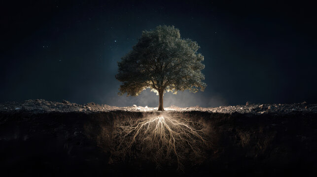Glowing tree roots under the starry night sky, mystical tree of life with underground root system
