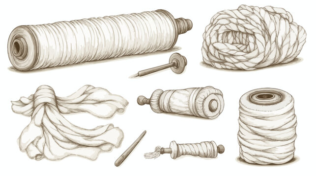 Sepia illustration of various spools of thread and rope in different forms