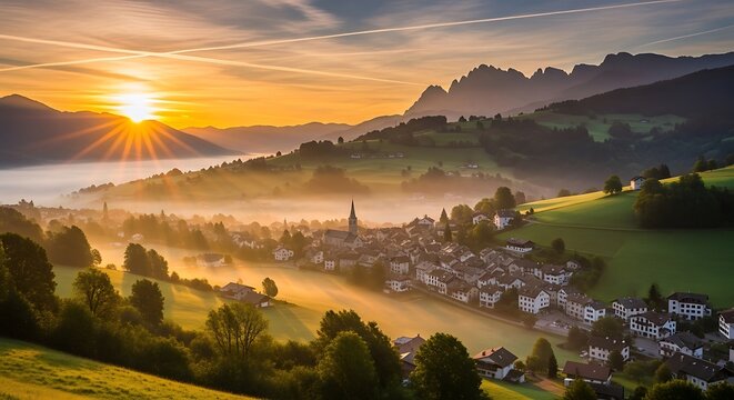 Sunrise over Village with Alps.