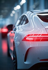 Obraz premium Sleek white modern luxury vehicle tail light glowing in soft focus indoor urban setting with reflections and ambient lighting creating dynamic atmosphere