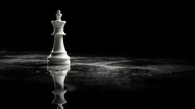 Elegant White Chess Queen Standing Alone with Reflection on Dark Surface.