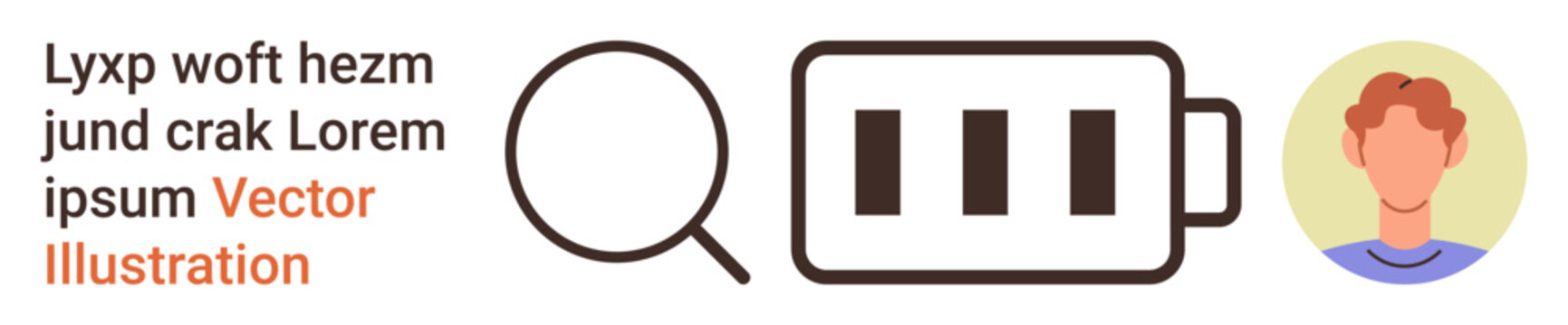Technology interface, battery level, user profiles, search functionality, digital concepts, energy monitoring. Minimal icons with placeholder text. Battery level and user profiles concepts
