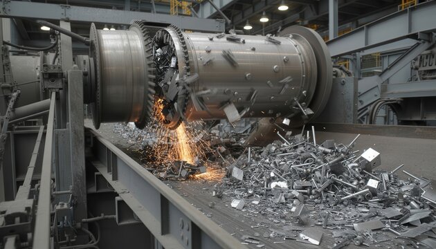 Industrial metal shredder machine in action with sparks flying everywhere cutting through scrap metal on conveyor belt in factory