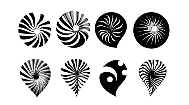 Eight abstract spiral shapes in black and white, featuring radial lines, circles, and teardrop designs