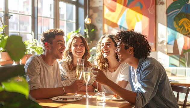 Group of happy young friends laughing and toasting with champagne glasses in a sunlit cafe during a celebratory brunch or lunch.
