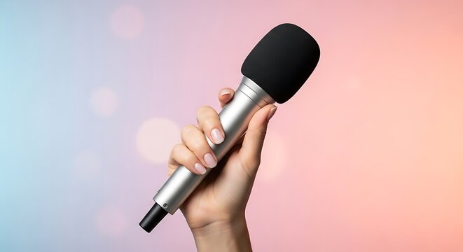 Close-up of a woman's hand holding a professional wireless microphone