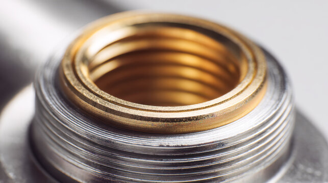 Detailed view of metallic male threaded connector with golden brass inner lining showcasing precision engineering in industrial equipment fittings and plumbing syste