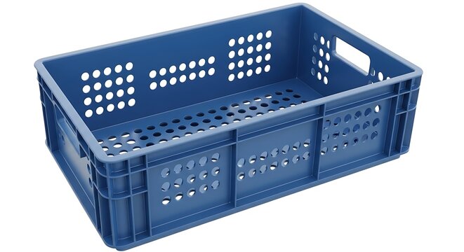 Empty blue plastic crate on white background.