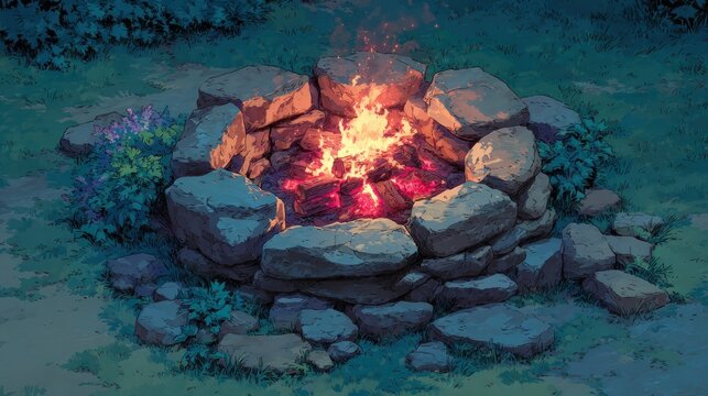 Stone-ringed campfire at dusk, glowing embers and dancing flames