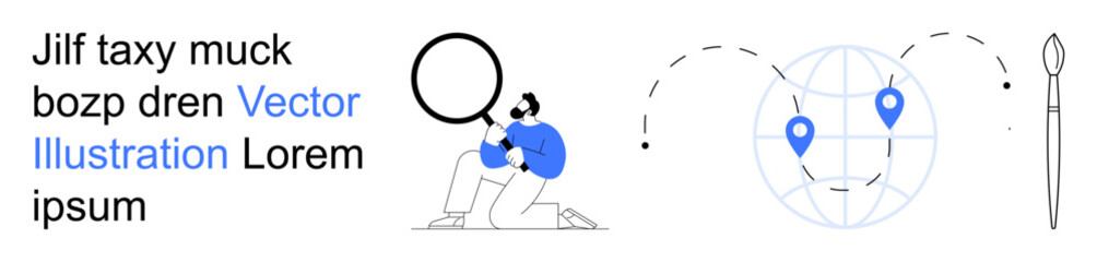 Data analysis, global navigation, research, digital tools, geographic tracking, location services. Man holding magnifying glass, globe with location pins pen icon. Data analysis and global © robu_s