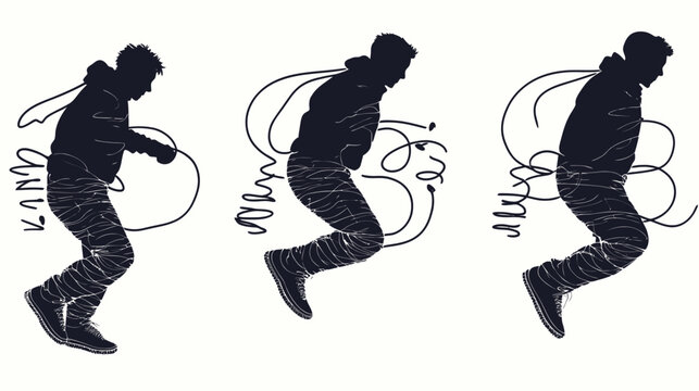 Silhouetted figure in three stages of action, holding a spring and wires against a stark white backdrop