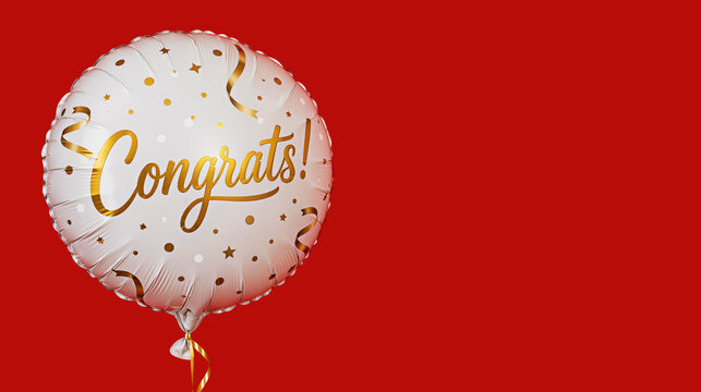 Congrats gold foil balloon floating against red background celebrating achievement graduation birthday party festive decoration concept