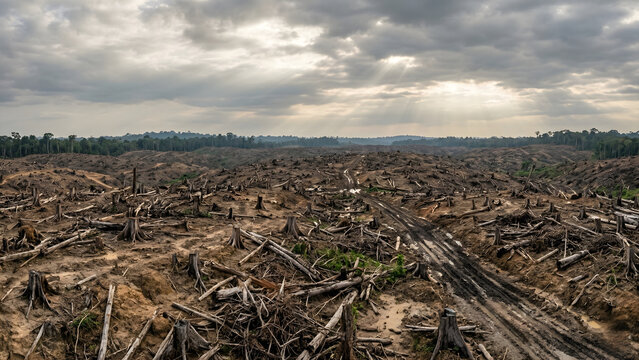 Clearcut Deforestation Landscape with Stumps and Barren Ground